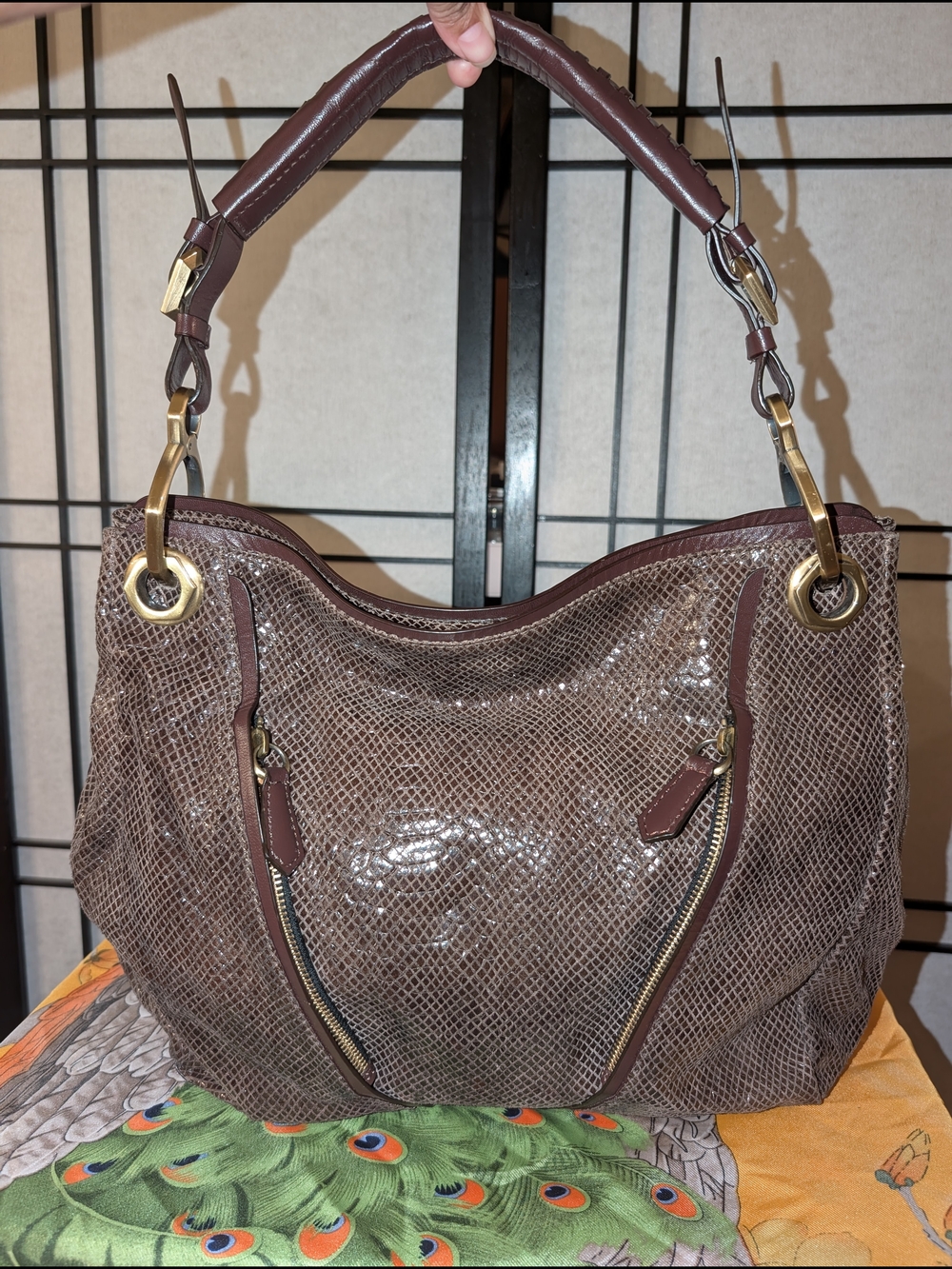 B. Makowsky Snakeskin-Embossed Bag | Taupe & Burgundy | Gold-Tone Hardware